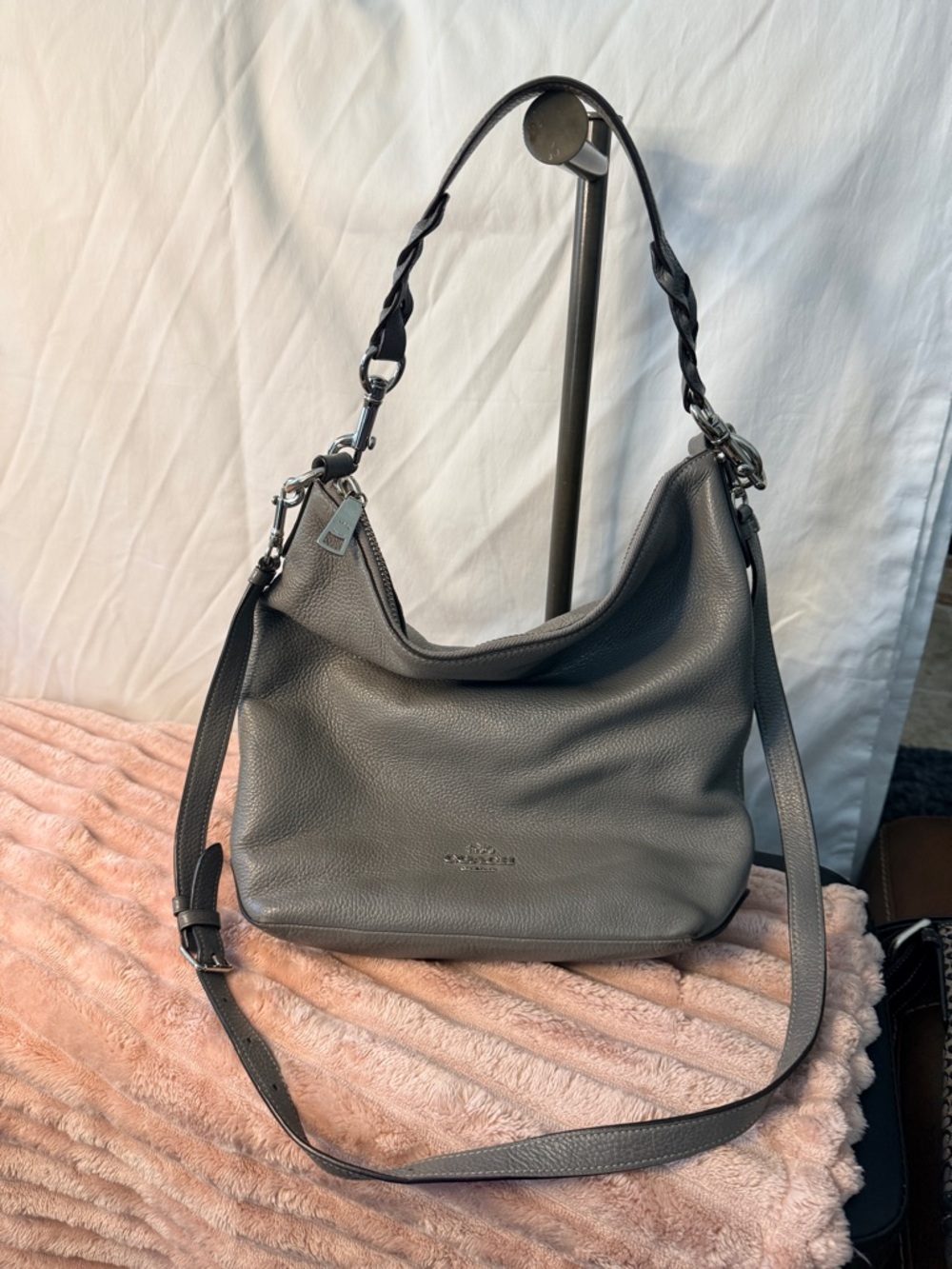 Coach Pebbled Leather Hobo Shoulder Bag in Gray